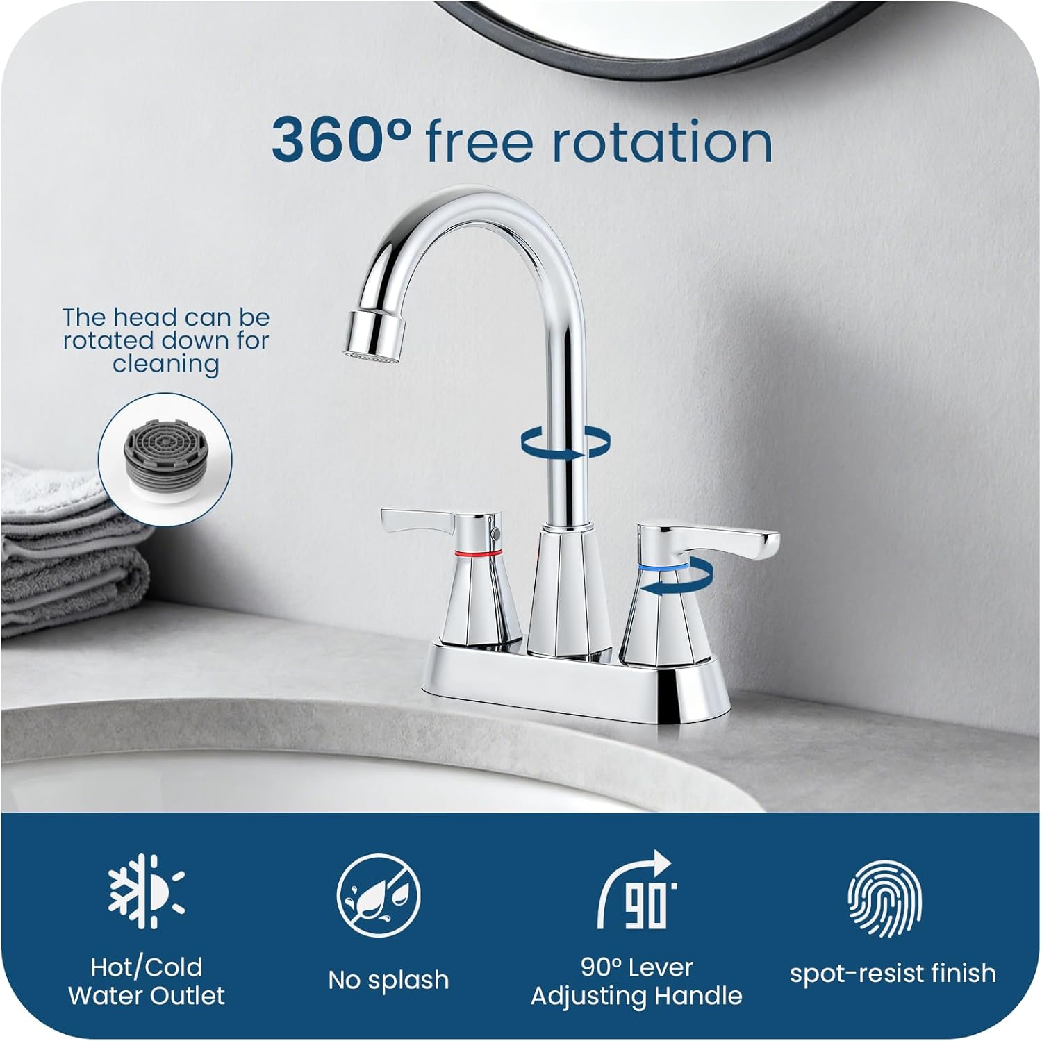 Polished Chrome Bathroom Faucet 3 Hole, 4 Inch 2-Handle Centerset Bathroom Sink Faucet, Faucet for Bathroom Sink 360° Swivel Bathroom Faucets RV Lavatory Vanity Faucet with Pop-up Drain