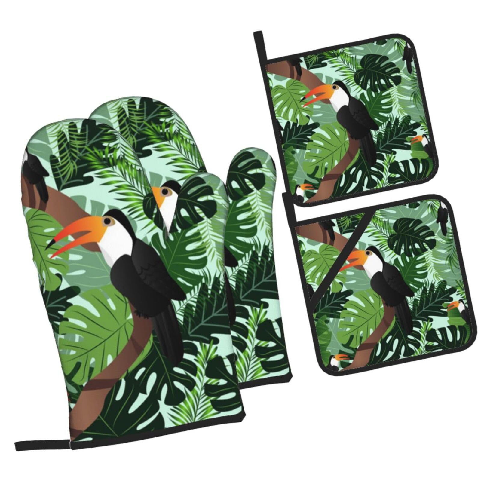 Tropical Leaves Bird Printed Oven Mitts and Pot Holders Heat Resistant Set of 4 Pcs, Modern Kitchen Gloves & Potholders for Cooking Baking Grilling