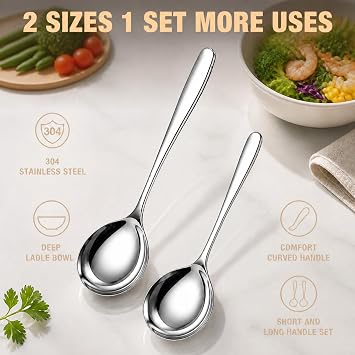 Small Ladle, 2pcs Stainless Steel Soup Spoons, 18.5cm+21cm, Silver