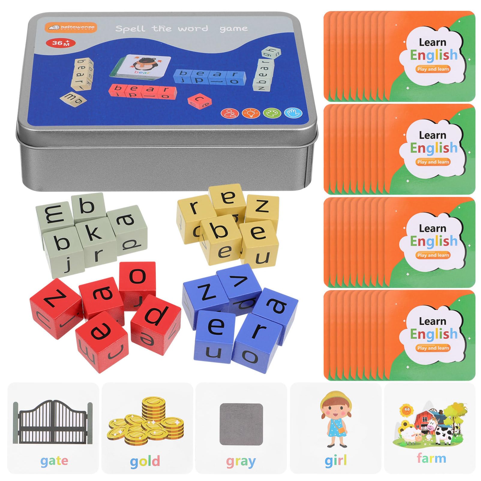 Vaguelly 1 Set Letter Game Wooden Blocks Spelling Letter Matching Game 20Pcs Blocks + 54Pcs Cards Kids Alphabet Toys Preschool Learning Word Building Toys