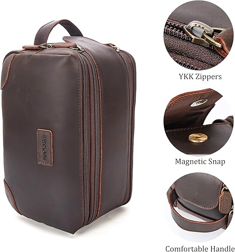 Miniatura 8 de Polare - Neceser de viaje impermeable de lona encerada, de cuero de grano completo, kit de aseo de viaje, kit de afeitado con cremalleras YKK,