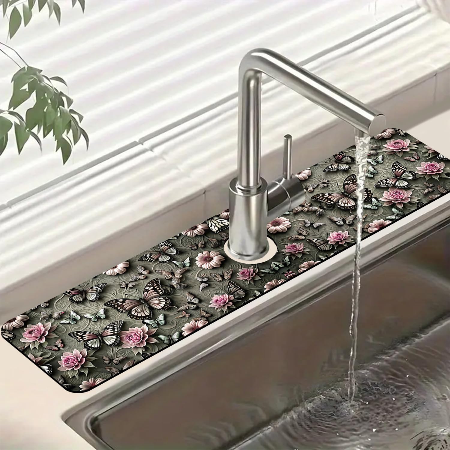 Tapis de robinet absorbant fleur rose 59x14 cm pour évier cuisine