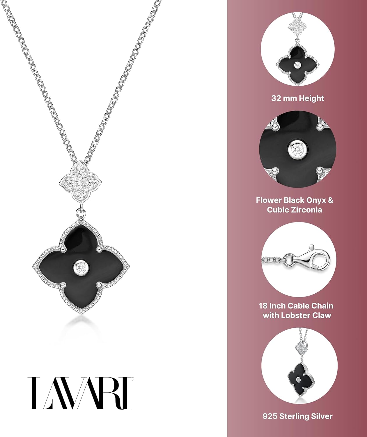 Lavari Jewelers Black Onyx or Mother of Pearl and Cubic Zirconia Double Flower Pendant Necklace in 925 Sterling Silver with Gold Plating 16 to 18 Inches Adjustable Chain Spring Ring - Image 4