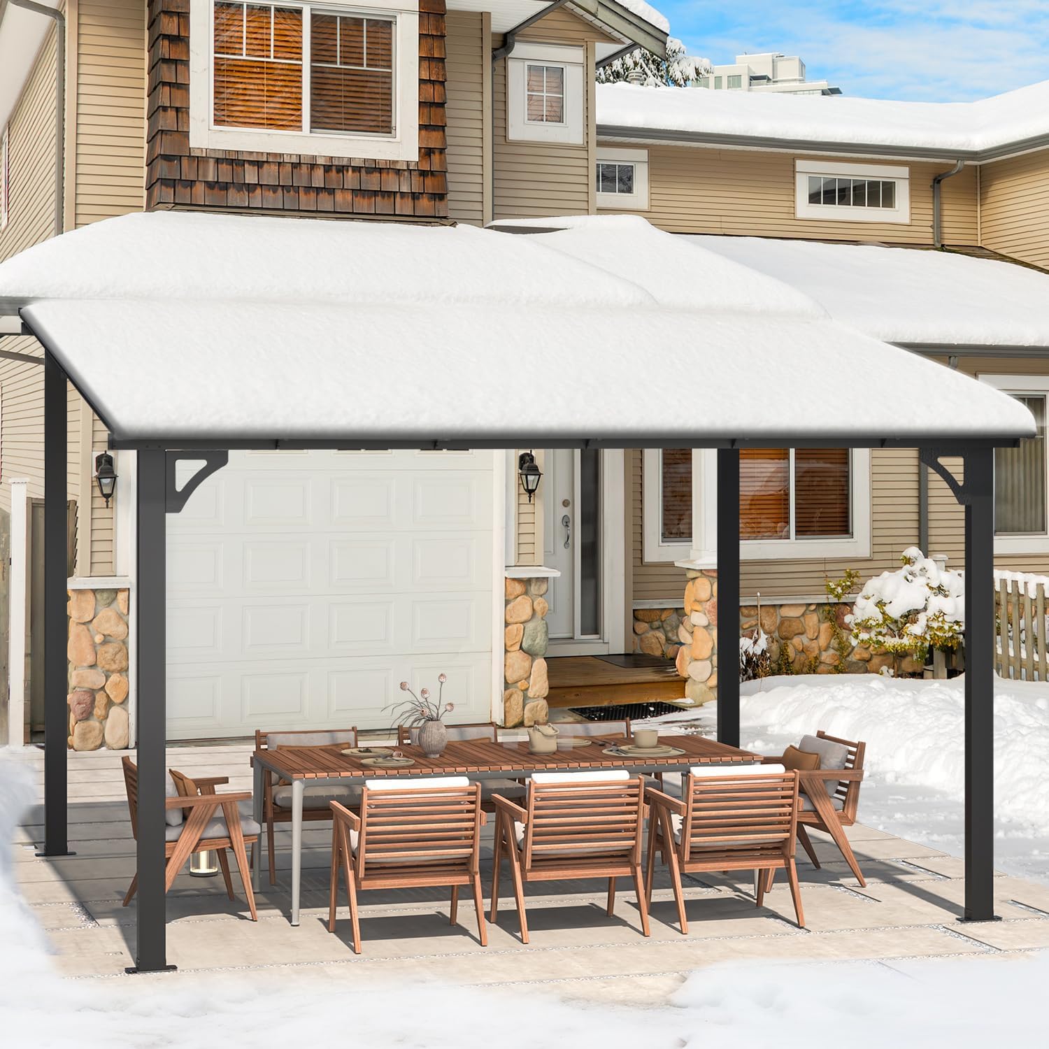 U-MAX Wall Gazebo in a snowy environment, demonstrating snow load capacity