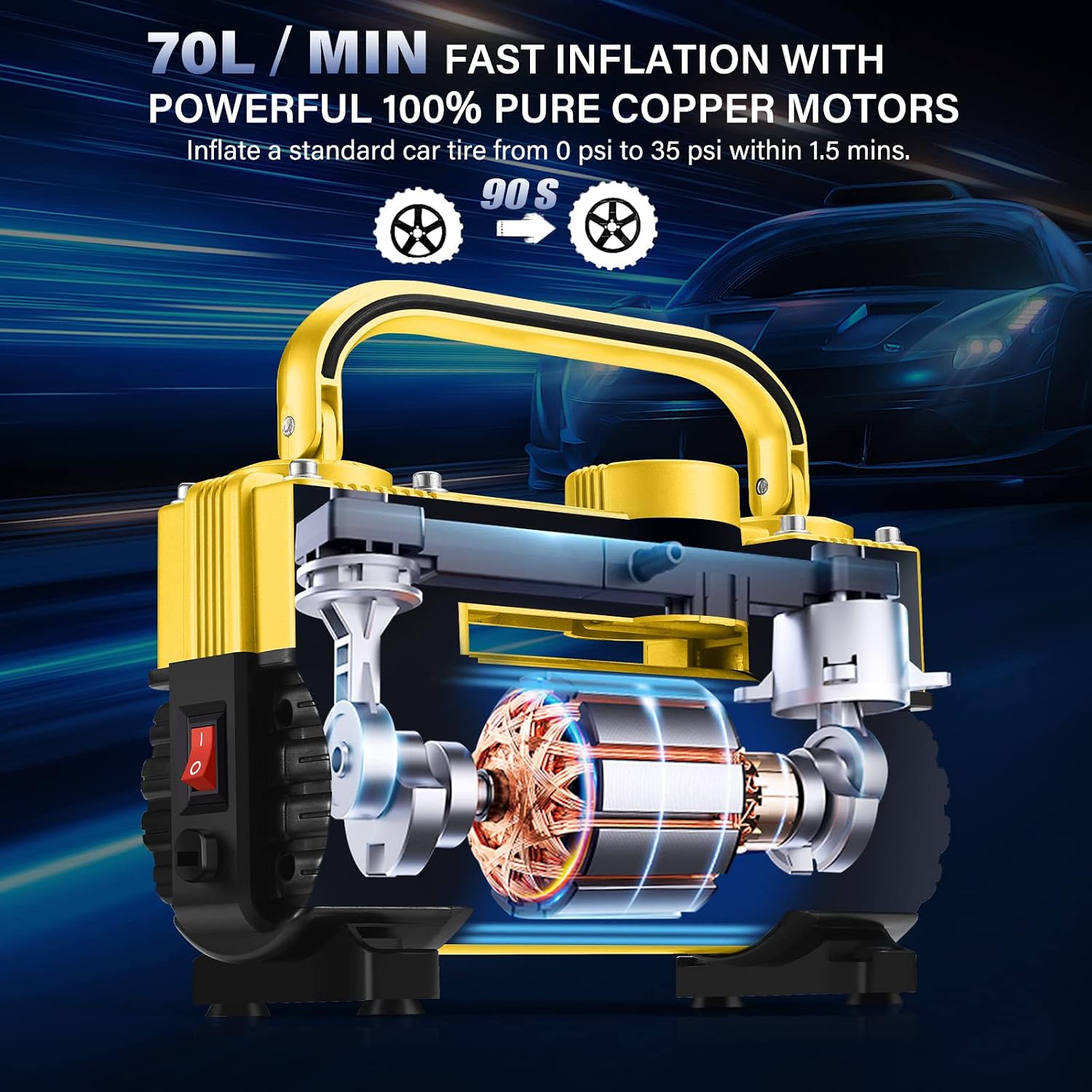 GSPSCN Yellow Tire Inflator Heavy Duty Double Cylinders with Portable Bag, Metal DC 12V Air Compressor Pump 150PSI w/Adapter for Car, Truck, SUV Tires, Dinghy, Air Bed, RV etc…