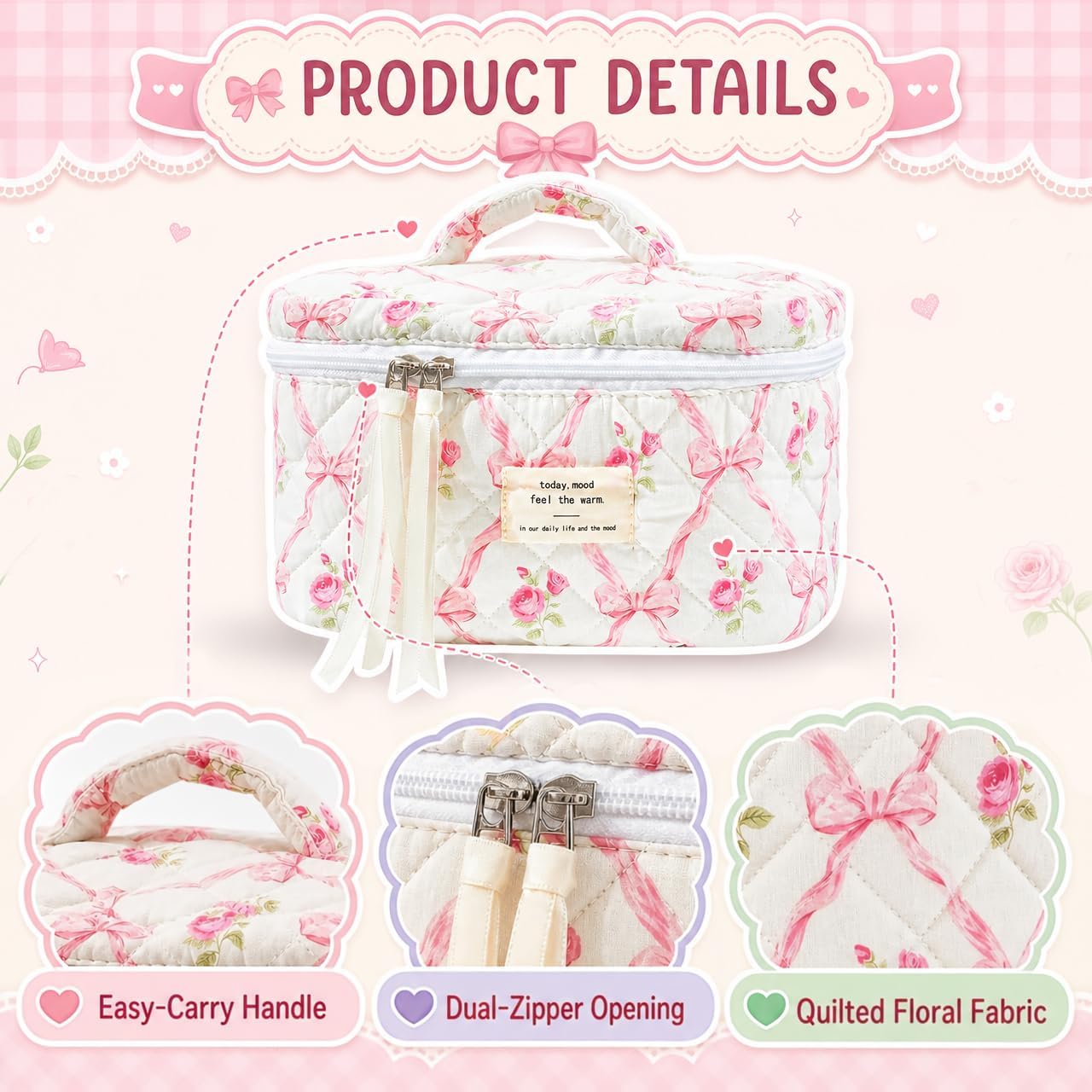 Sminra Large Travel Makeup Bag for Women, Quilted Cosmetic Case with Handle image 4