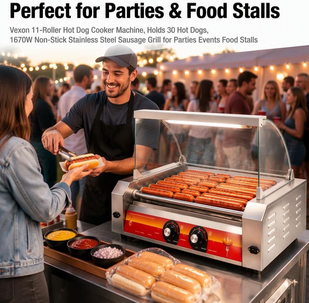 Vexon Commercial 11-Roller Hot Dog Cooker Machine, Holds 30 Hot Dogs, 1670W Non-Stick Stainless Steel Sausage Grill for Parties Events Food Stalls