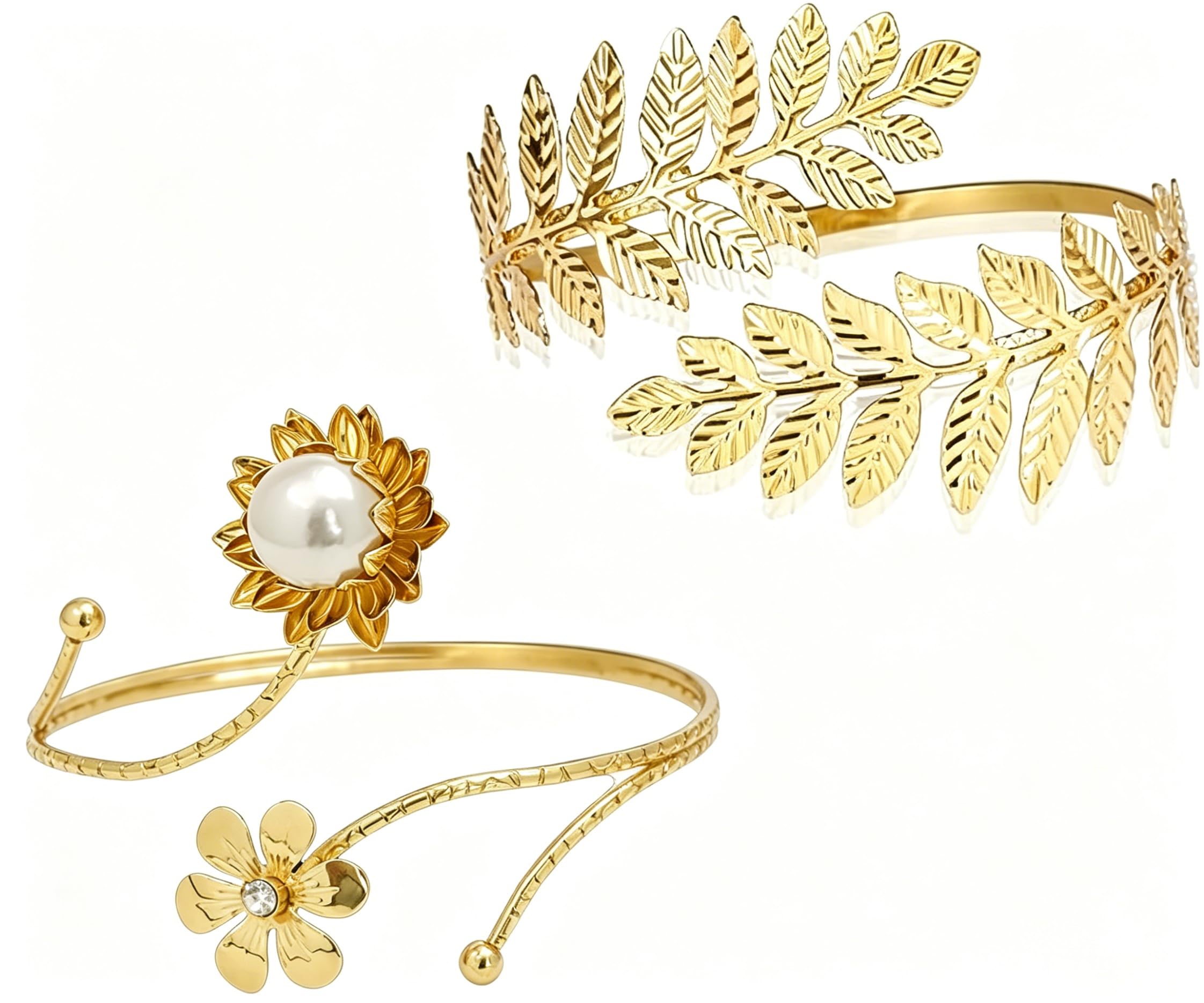 2 PcsArm Cuff Jewellery For Women, Elegant Gold Plated Armlet With Lotus Flower And Pearl Design, Nature Inspired Arm Cuff Jewellery, Adjustable Armlet For Women For Weddings And Special Occasions, One Piece Arm With Leaf Accent-image-12
