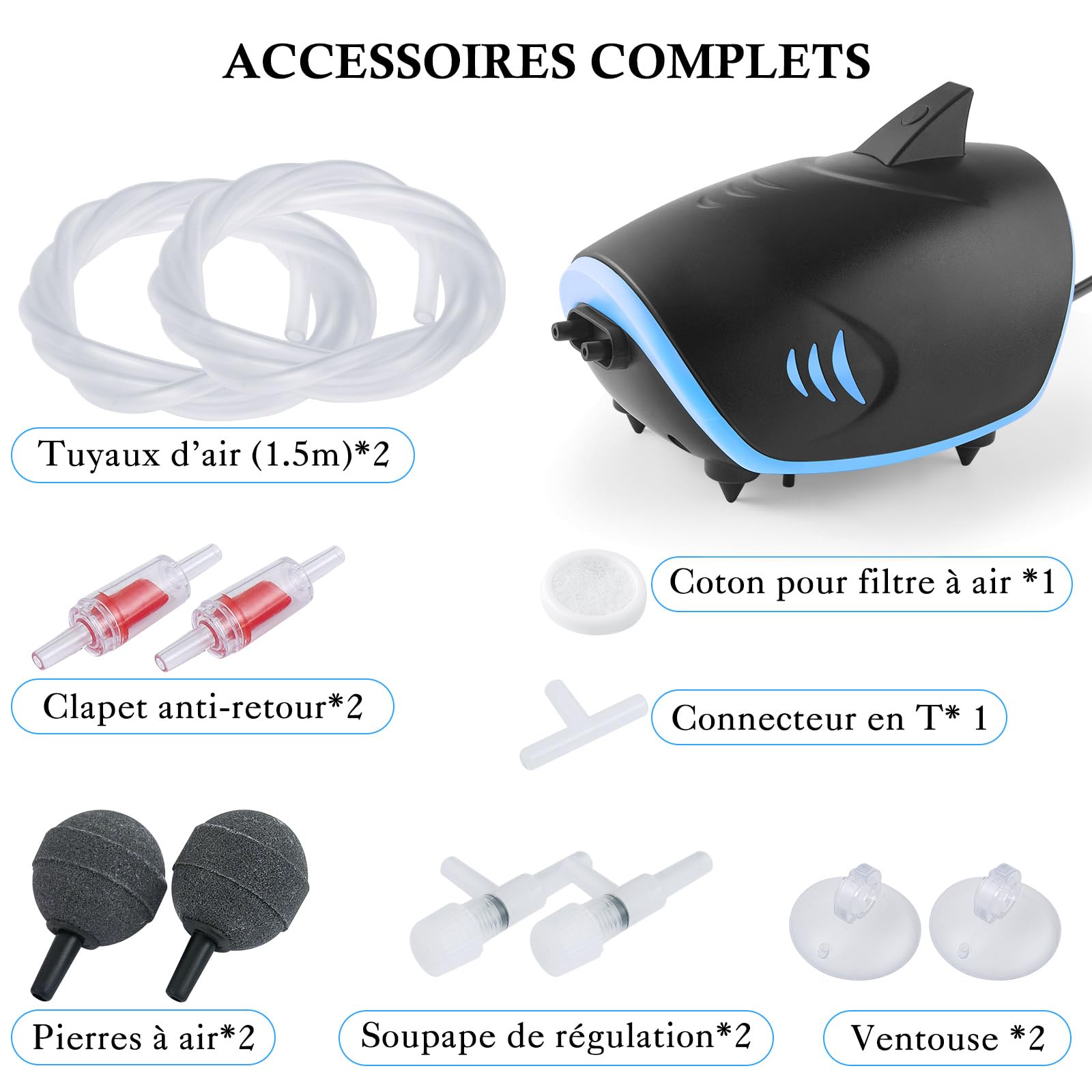 Pompe à Air pour Aquarium 3W, Pompe à Oxygène Silencieux pour Aquarium 5L/Min, Aérateur d'Aquarium Ajustable pour Réservoir Jusqu'à 400l