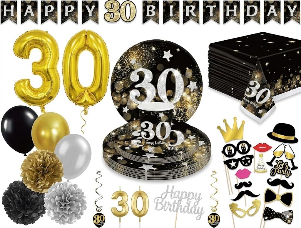 Serves 30 | Ultimate 30th Party Pack | Happy 30th Birthday | 9" Dinner Paper Plates | 7" Dessert Paper Plates | 12 oz Cups | 3 Ply Lunch & Beverage Napkins | Swirls | Cake Topper | Numerical Candle
