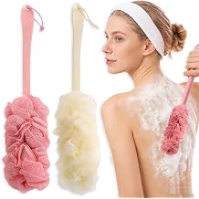 2Pcs Long Handle Shower Body Back Brush with Bristles 34CM, Body Brushes Back Scrubbers Bath Dry Brush Mesh Sponge with Curved Long Handle for Men and Women White Pink