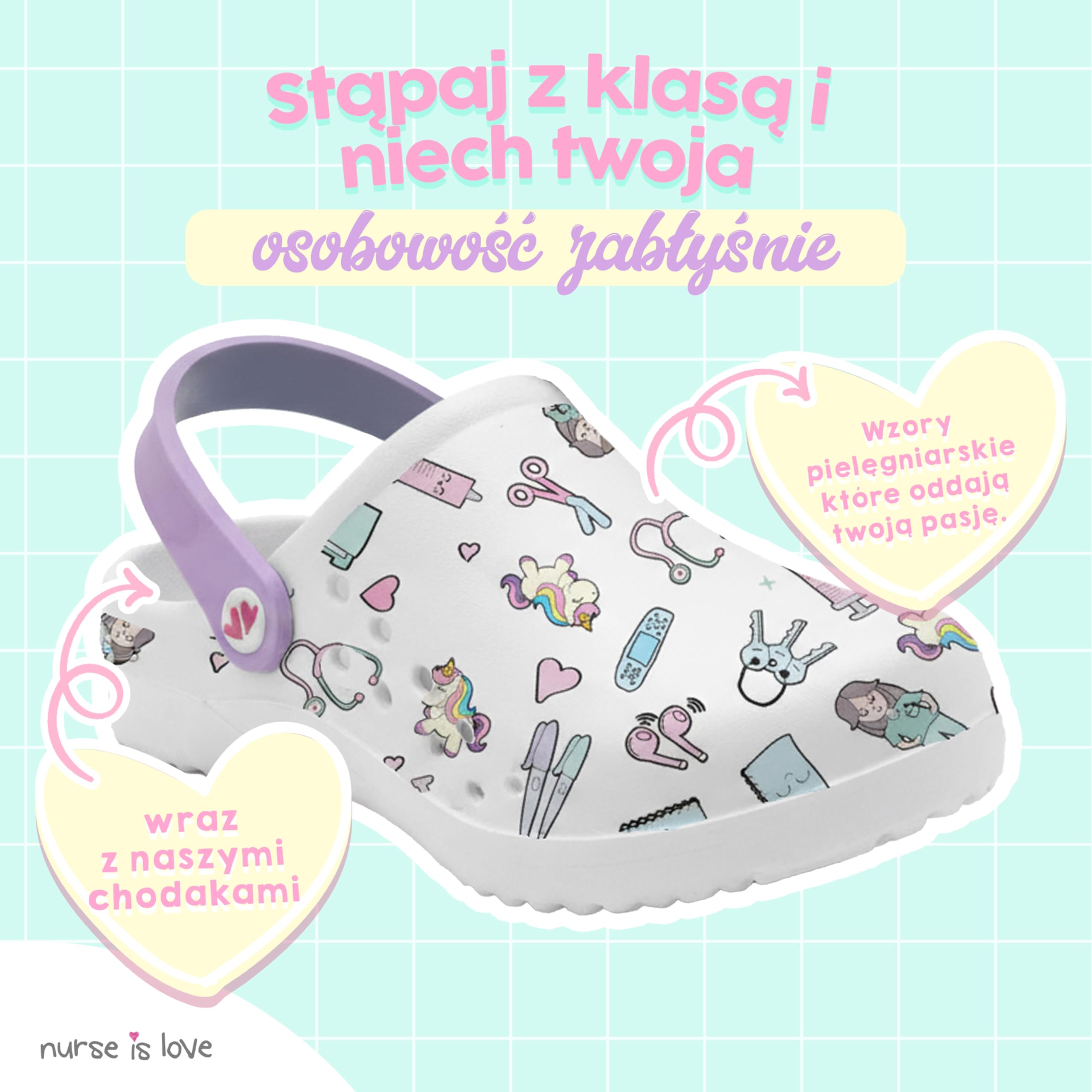 Nurse is Love Chodaki zdrowotne - Ortopedyczne buty zdrowotne z zabawnymi wzorami | prezent dla pielęgniarki