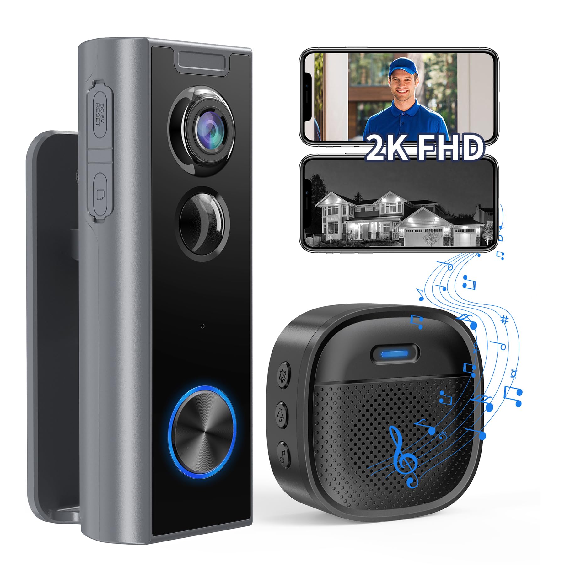 Ankway 2.4GHz WiFi Video Doorbell with Camera - 2K FHD Adjustable Camera Doorbell with Chime, PIR Detection, Night Vision, 2-Way Audio, Waterproof, Battery Operated, SD and Cloud Storage