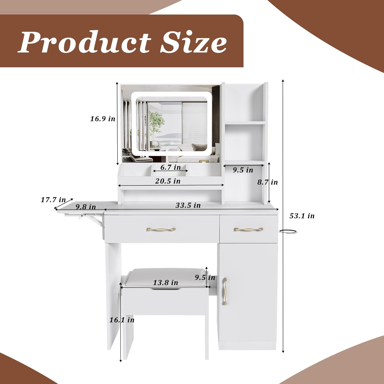 White Vanity Dressing Table with LED Mirror & Power Outlet – Makeup Desk with 3 Drawers, 7 Shelves, Storage Stool & Drop-Leaf Top, 3 Lighting Modes, Organizer for Bedroom or Dressing Room