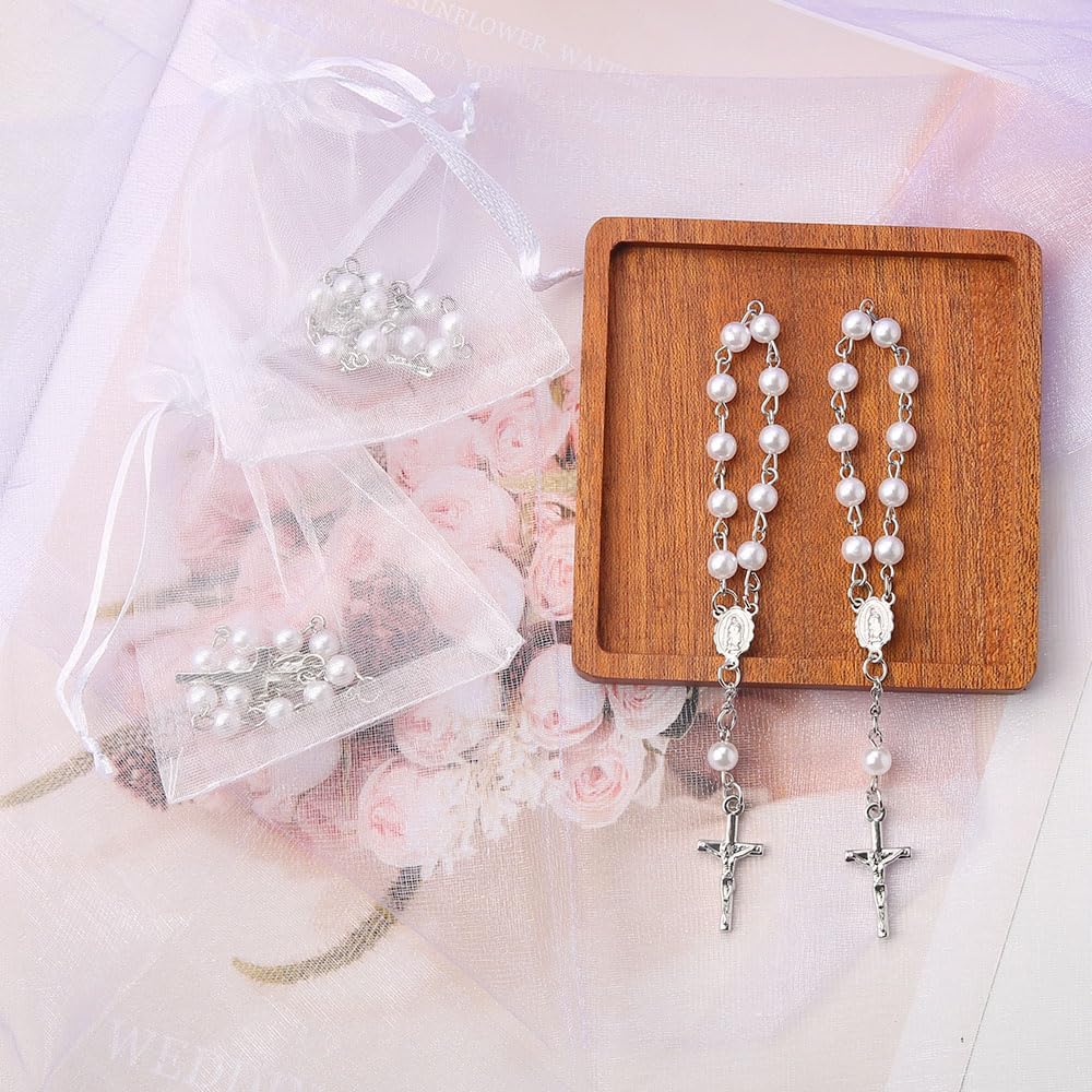 SUVO 60 Pieces Mini Rosary Favors Baptism Favors Rosary Beads Finger Baptism Rosaries with Organza Bags for Christening Party (Silver)