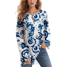 Tunic Tops for Women Tie Dye Watercolor Floral Long Sleeve Shirts Crewneck Casual Vintage Flowy Fashion Fall Tshirts
