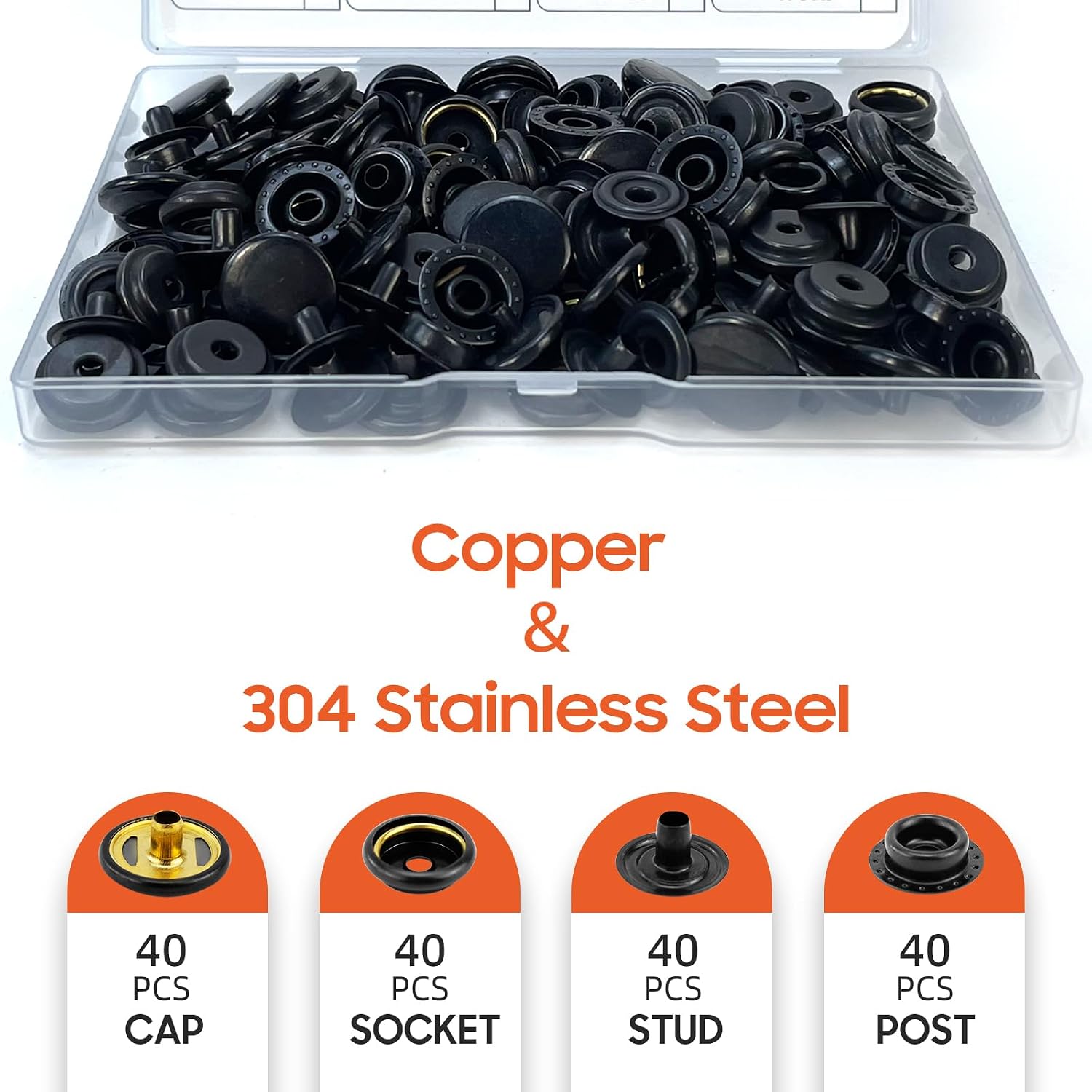 160 Pcs Snap Buttons,Snap Fasteners Kit 15mm Stainless Steel Snaps Marine Grade Boat Canvas Snaps,3/8" Socket Metal Snaps for Clothing Leather Boat Cover Fabric (Regular-Black)