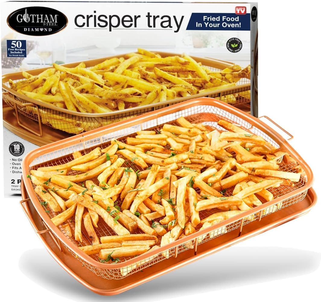 Crisper Tray for Oven, 2 Piece Nonstick Copper Crisper Tray and Basket, Air Fry in your Oven, Great for Baking and Crispy Foods, As Seen on TV – Extra Large Size, 13.4” x 11.4”