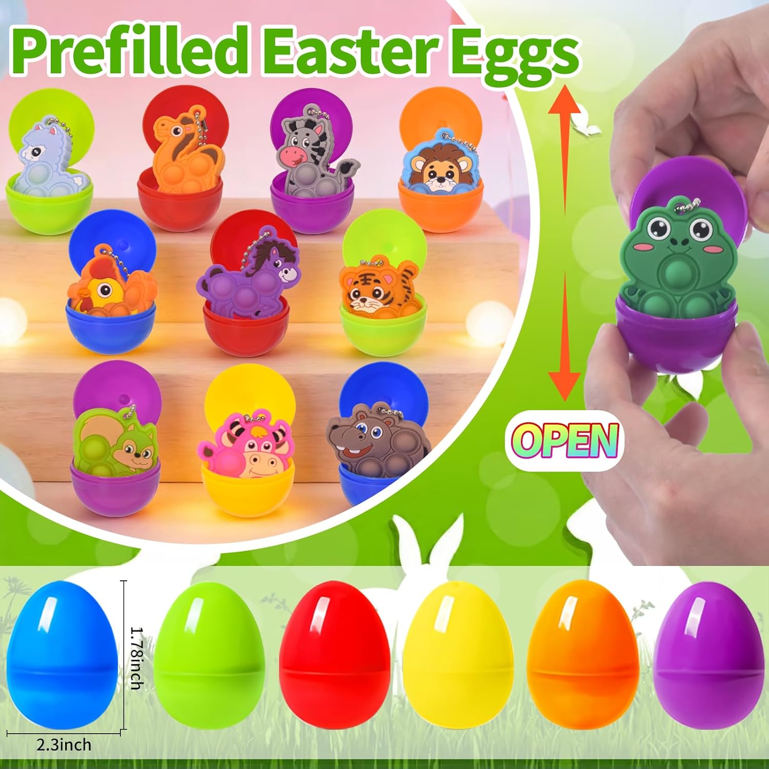 Pinkcow Prefilled Easter Eggs for Kids Toddler - 24 Pack Pre Filled Eggs Bulk with Mini Animal Pop Keychain Toys Inside for Egg Hunt, Basket Stuffers, Party Favors Prizes, Easter Games