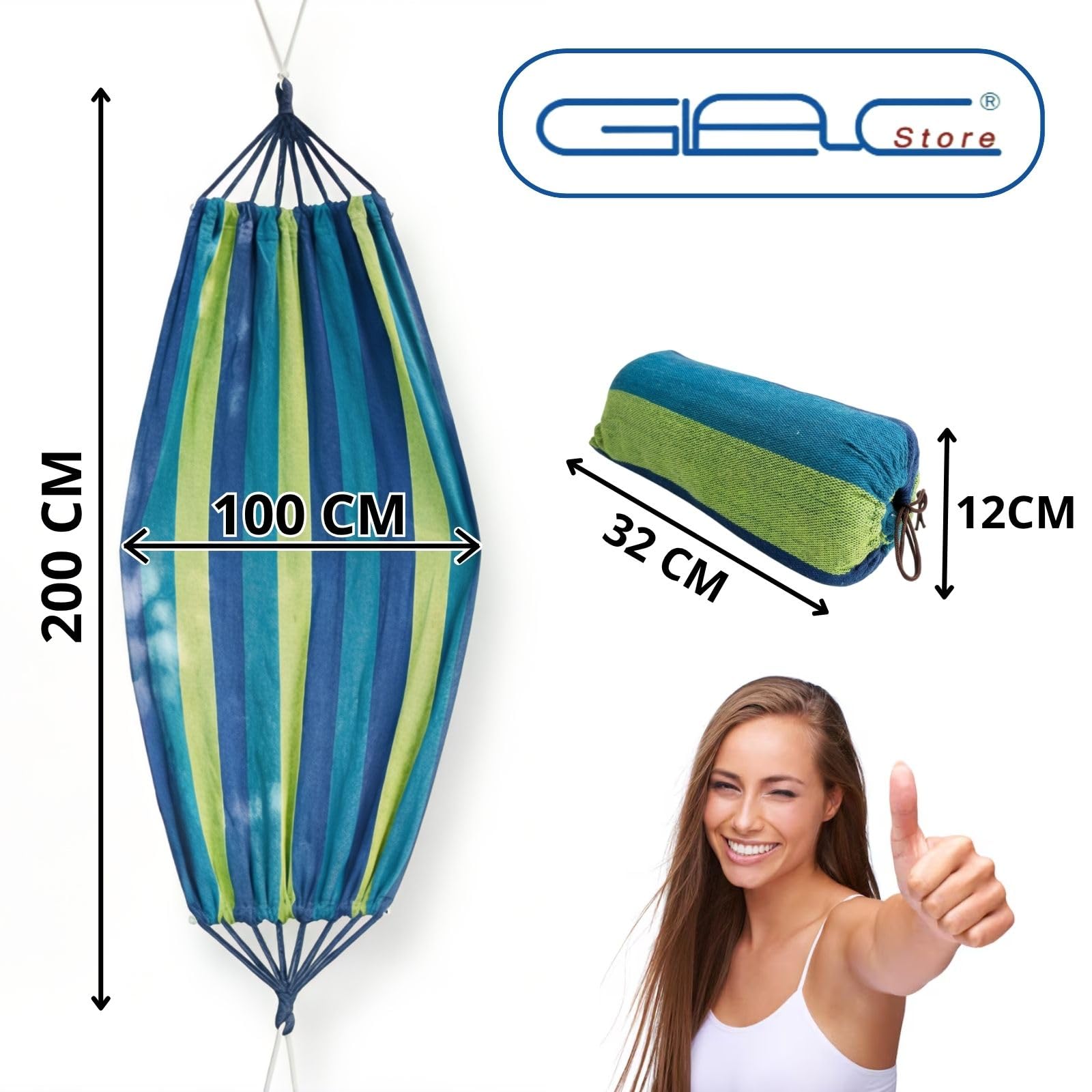 Amaca in Poliestere, 200 x 100 cm, Portata 150 kg, Leggera 800 g, con Corde, per Giardino, Campeggio, Spiaggia (Blu)