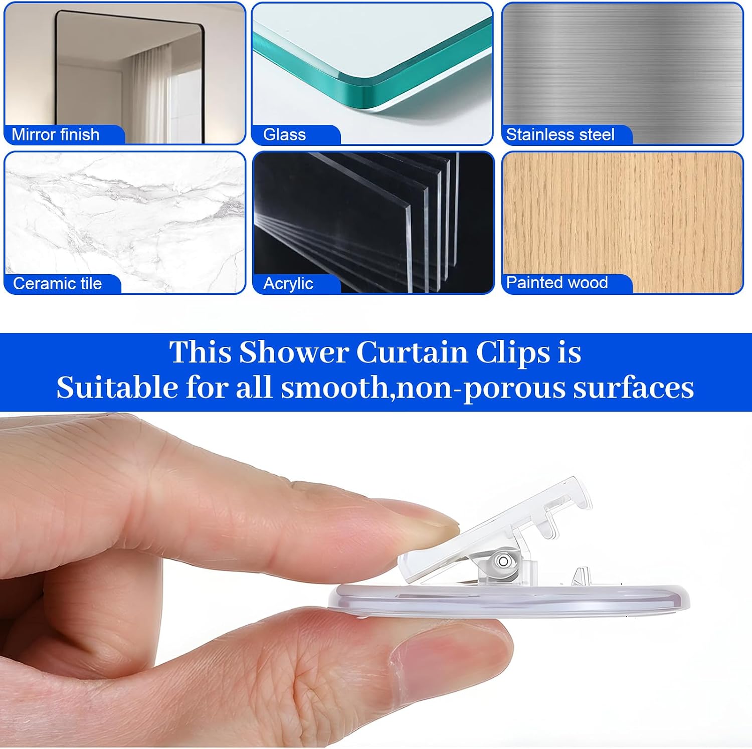 4Pcs Shower Curtain Clips, Plastic Shower Curtain Holder, Clear Self-Adhesive, No Drill Windproof Shower Splash Guard Clip for Bathroom Wall