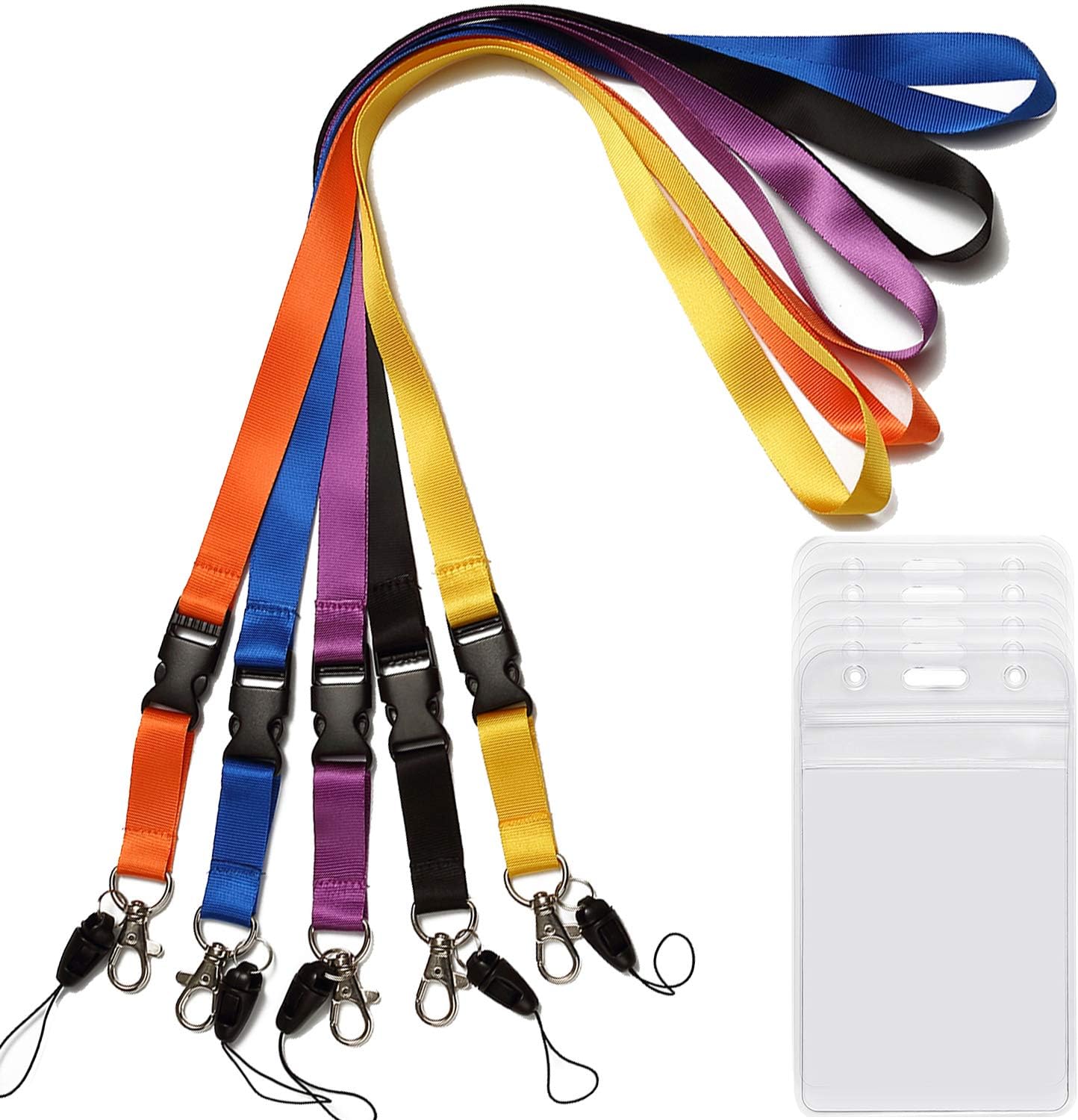 YOUOWO 5 Pack Neck Detachable Buckle Hook Breakaway Lanyards with Clear Vertical Badge Holder,for Office Keys Women Men Cell Phones USB Whistles, Black,Blue,Yellow,Orange,Purple
