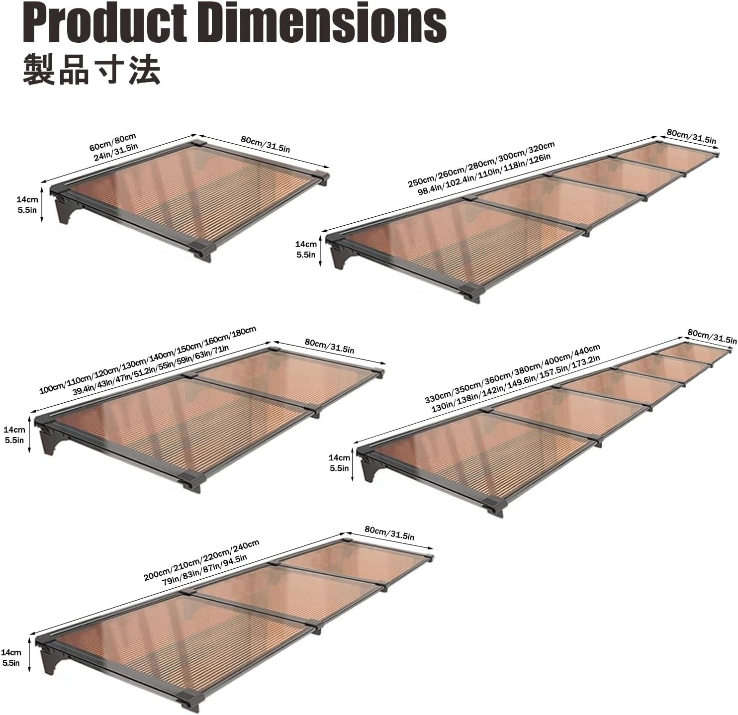 Clear Door Awning - Sturdy Window Awnings for Patios & Porches, Easy Installation, Perfect for Entryways & Balconies (80x320cm / 31.5x126in)