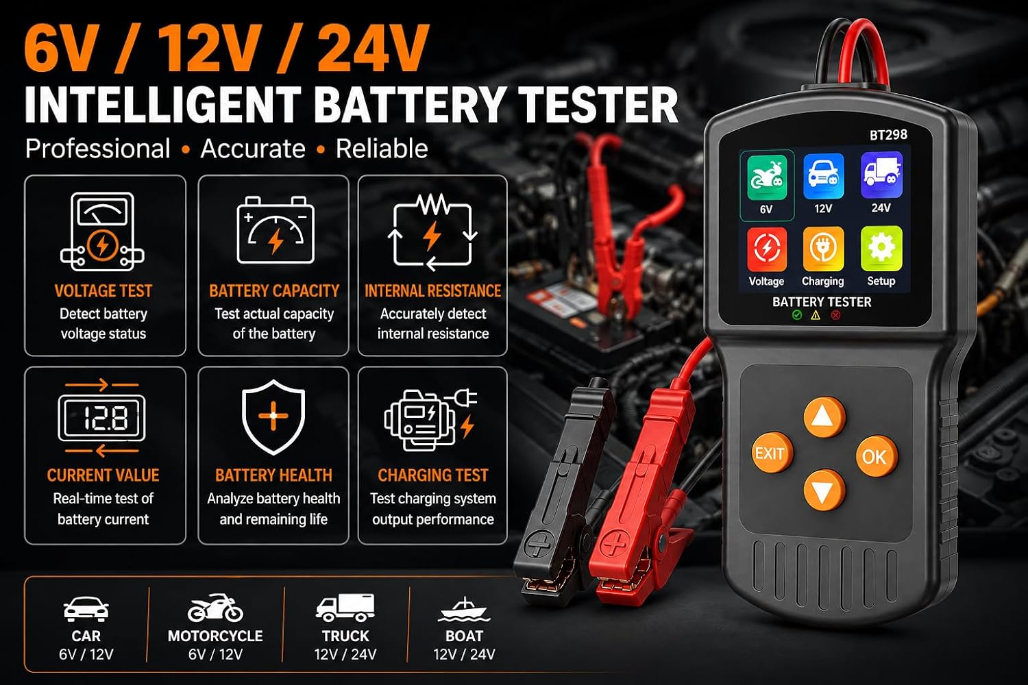 Car Battery Tester BT298 6V 12V 24V, Professional Analyzer for AGM/Gel/Flooded - Compatible with Motorcycle, Boat, RV & Automotive Charging System
