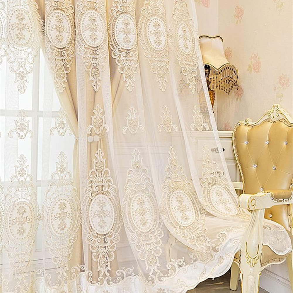 Amidoudou 1 Pair European Double Layer Curtains with Valances for Living Room Bedroom Luxury 3D Flower Embroidered Curtains (Yellow,52x84 Inch)