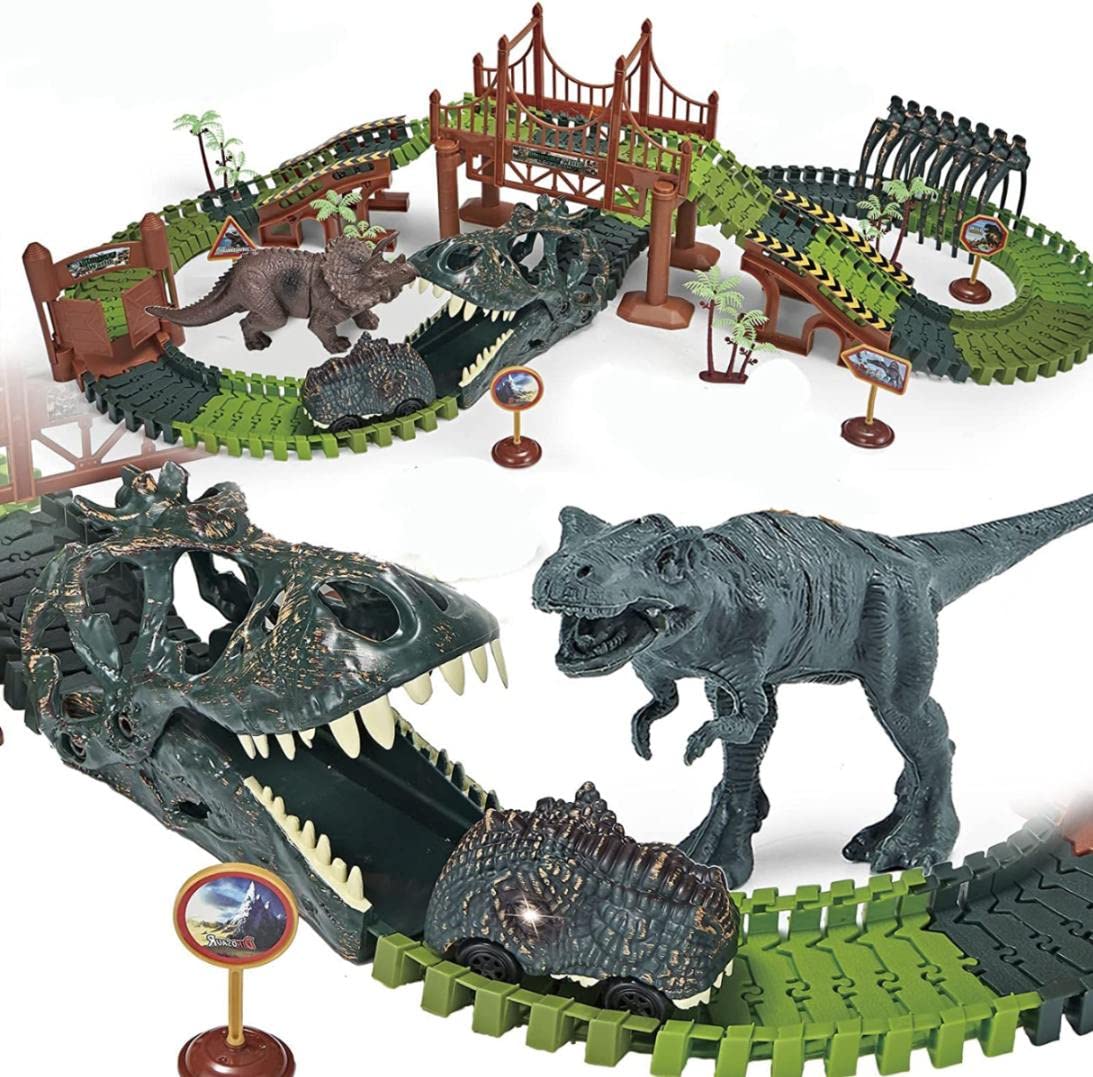 funbasket Dinasour Track Set 207PCS Dinosaur Race Toys Set with Flexible Train Tracks, 2 Dinosaurs, 1 Light Dino Car, Kids Toddlers Race Car Toys Boys & Girls