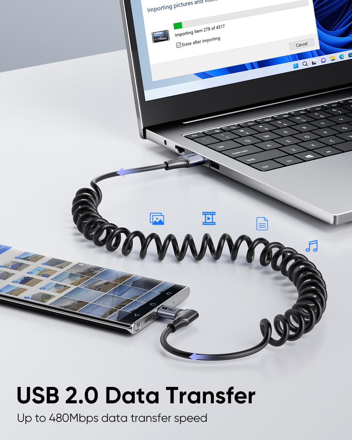 SUNGUY Right Angle Coiled USB C Cable 5FT [Comfortable Length: 1.3-3.3FT], 2Pack 90 Degree USB-A to USB-C Cable Android Auto Carplay, Type C Cord for iPhone 17 16 15 Pro Max, Galaxy S25 S24 Ultra - Image 5