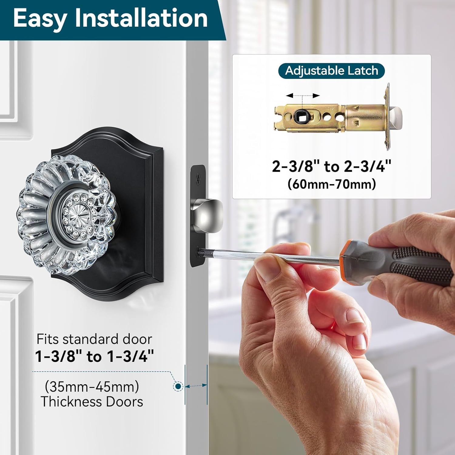 3 Pack Glass Door Knobs, Crystal Door Knobs with Lock for Privacy Use, Black Glass Crystal Door Knobs Interior for Bedroom Bathroom, Vintage Crystal Glass Door Knob Set