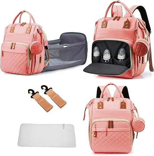 Mochila para pañales para bebé con cambiador de estación, impermeable, 3 en 1, plegable, unisex, Rosado, Classic