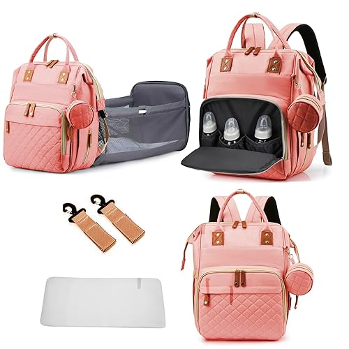 Mochila para pañales para bebé con cambiador de estación, impermeable, 3 en 1, plegable, unisex, Rosado, Classic