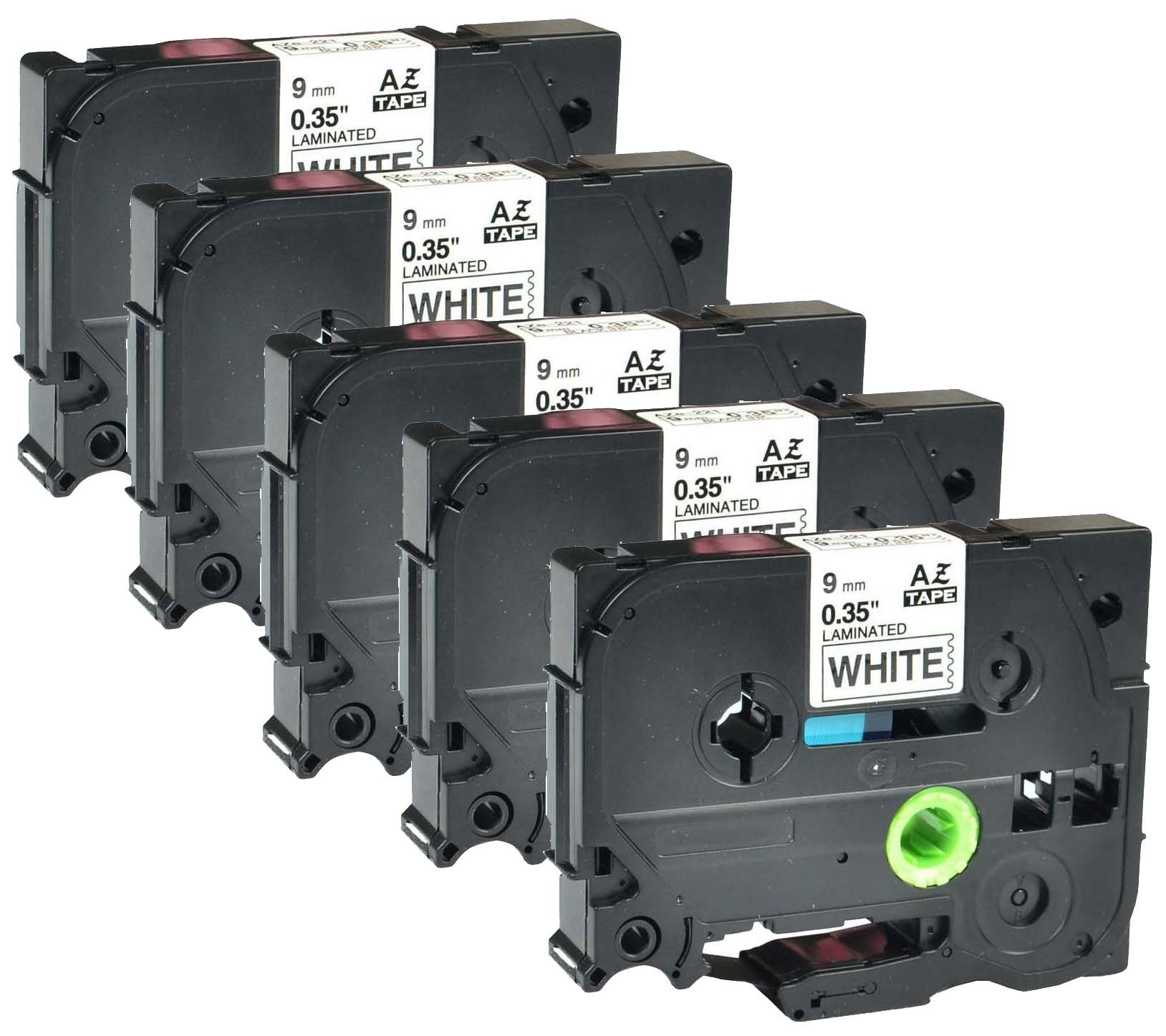 5 x Compatible Label Tape Replacement for Brother Label Tape AZe-221 9mm Laminated Adhesive Black On White Cassette