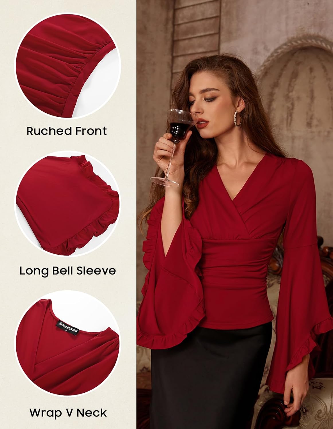 Scarlet Darkness Renaissance Shirt Women V Neck Long Bell Sleeve Wrap Casual Ruched Top - Image 3