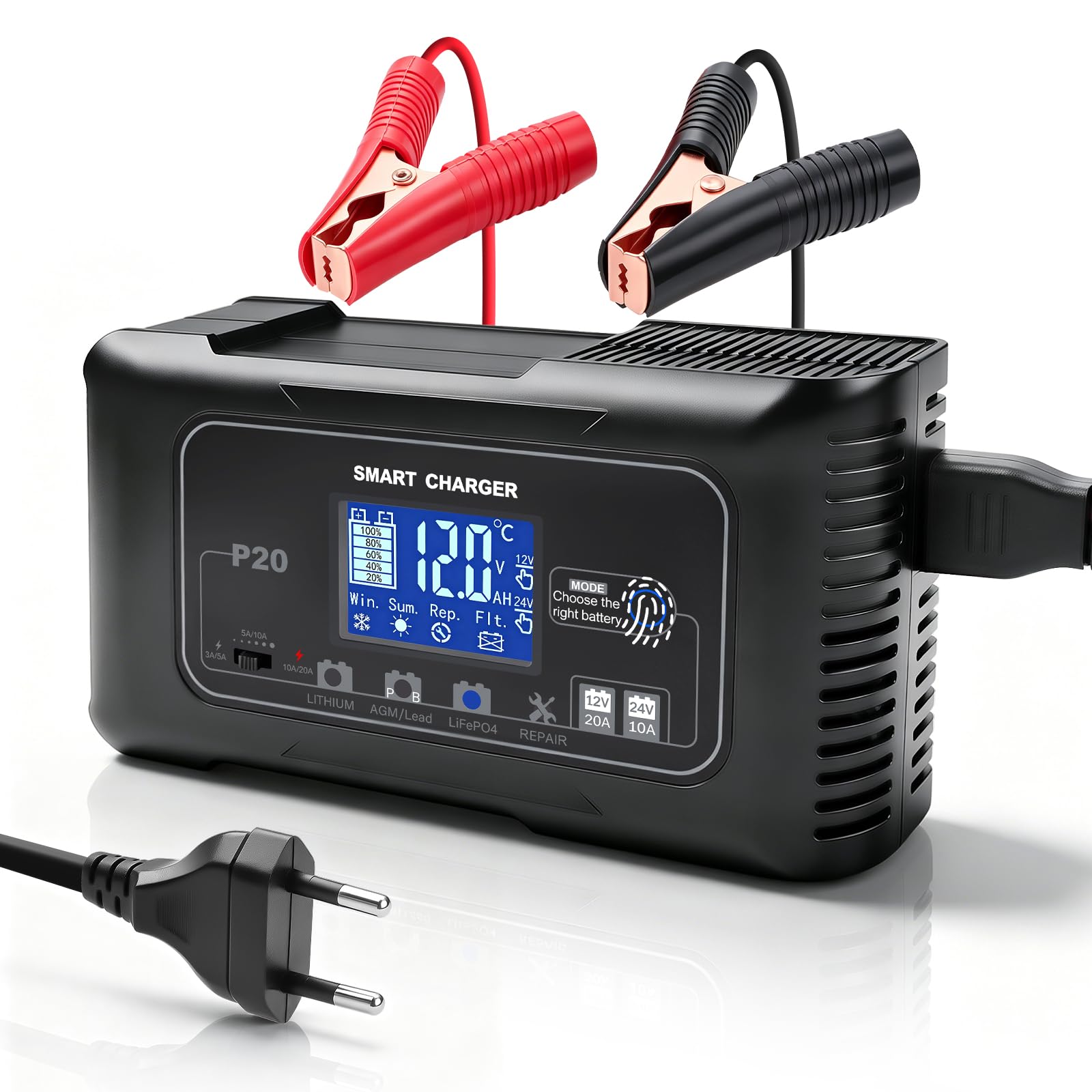 12V/20A Caricabatterie Auto, Carica Batteria Intelligente | con Schermo LCD 4 Modalità per Barche e Moto Camper