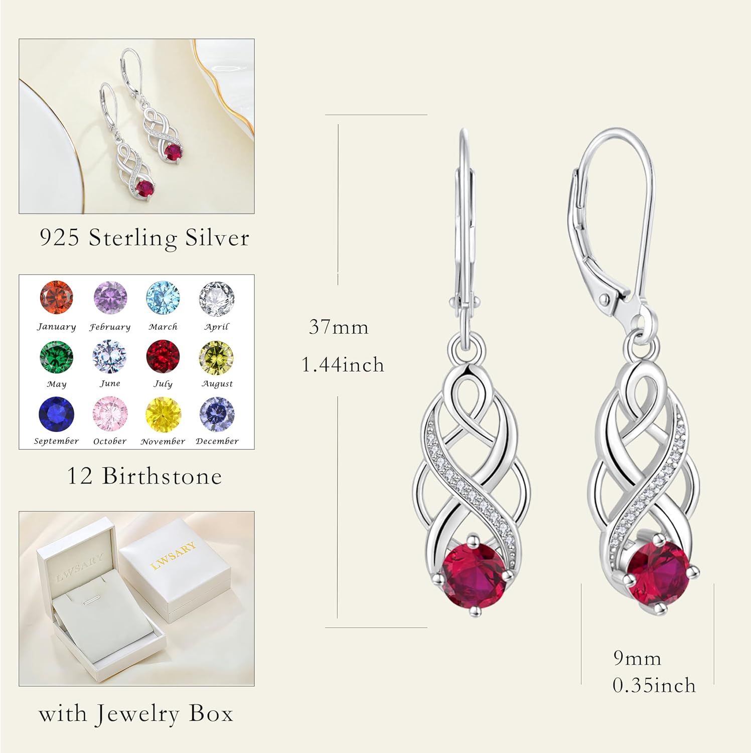Infinity Irish Celtic Knot Jewelry Set for Women Ruby Necklace & Earrings & Bracelet July Birthstone Jewelry Gifts