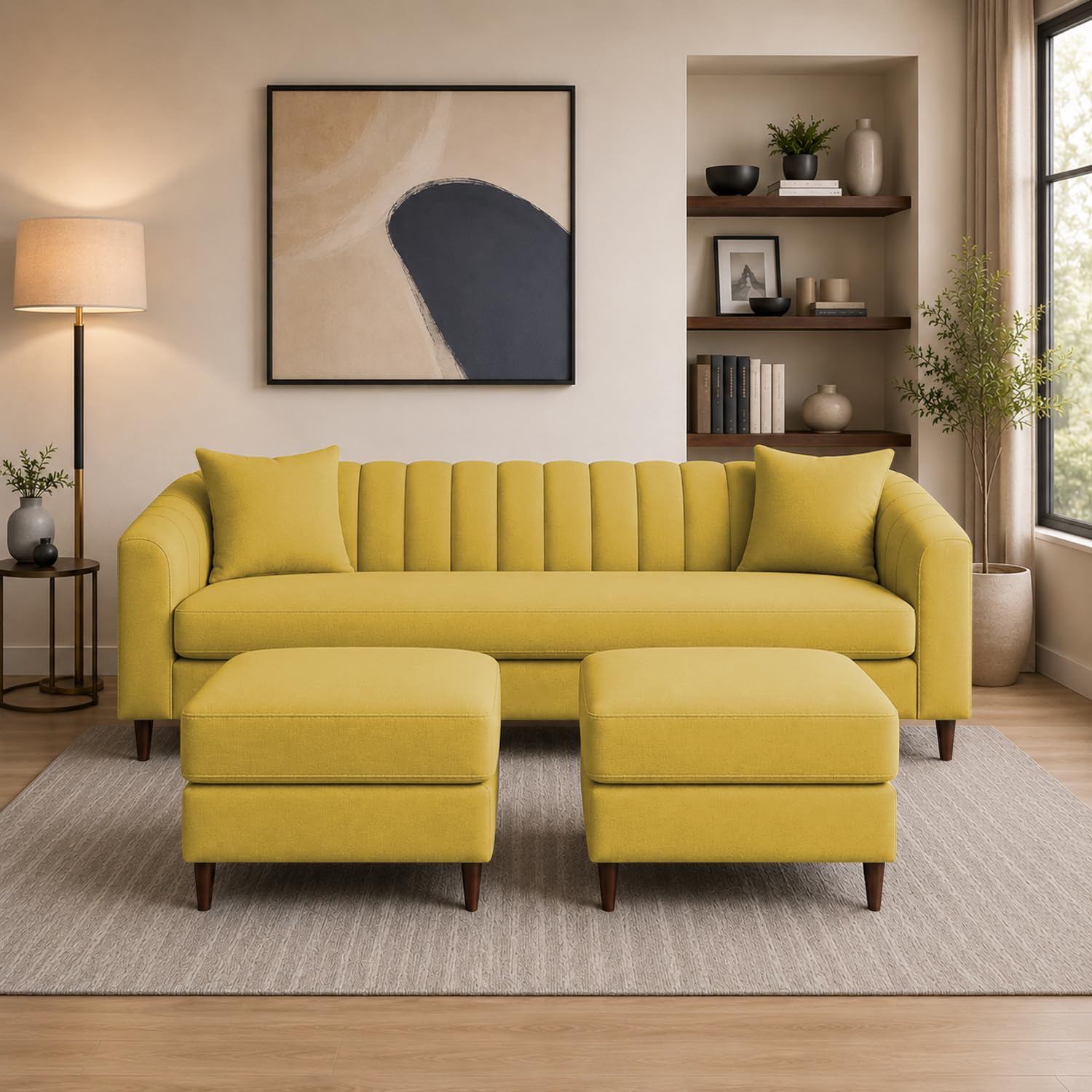 Casaliving Doraldo 4 Seater L Shape Convertible Sofa Set for Living Room, 3 Seater & 2 Ottoman Modular Sectional Couch for Small Space (Yellow Colour) Fabric-image-14