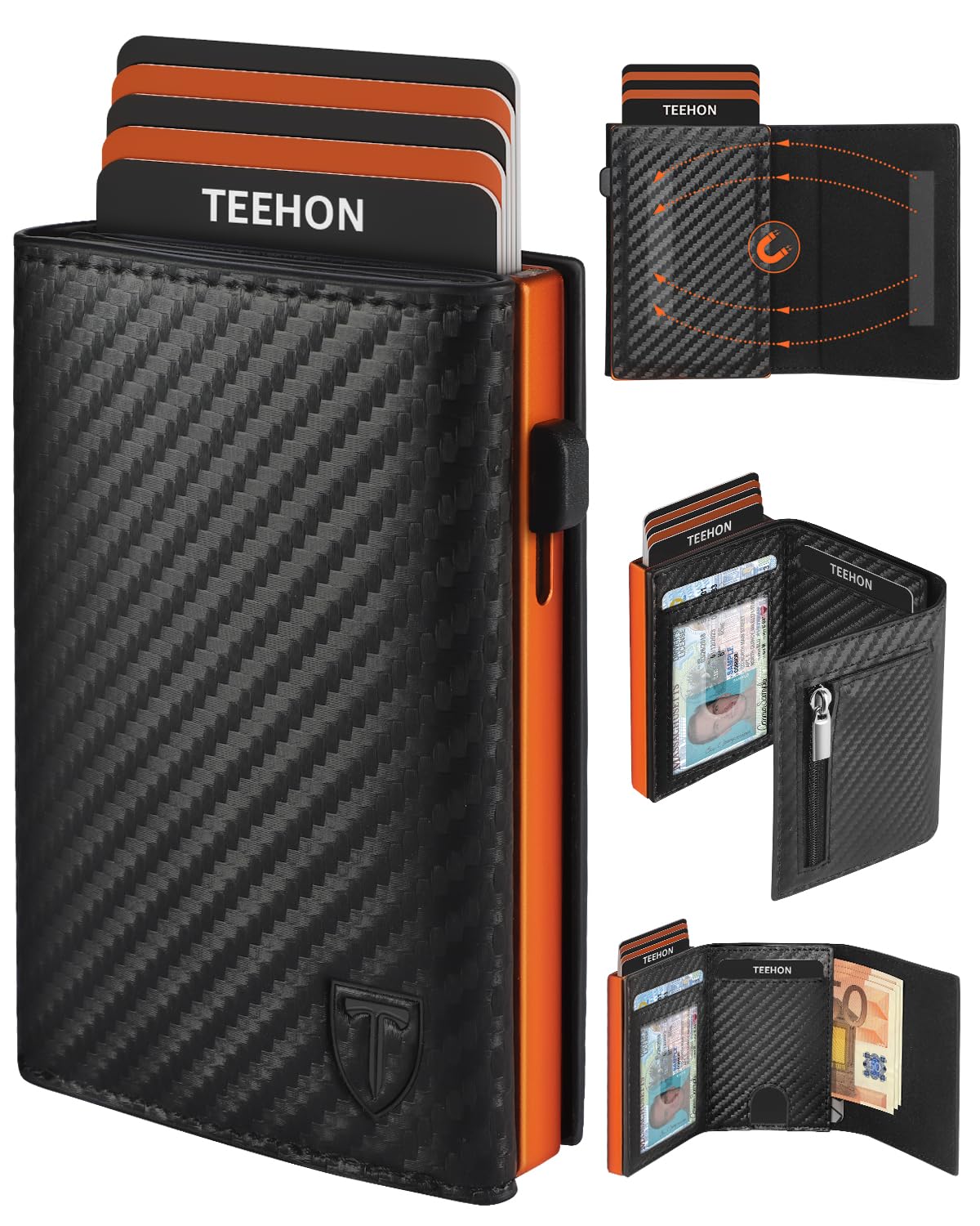 TEEHON Portafoglio Uomo Slim RFID Blocking, Magnetica Fibra di Carbonio Porta Carte di Credito Uomo - ID Window, Tasca Portamonete con Cerniera, Scomparto per Banconota (Classico, Nero Arancione)