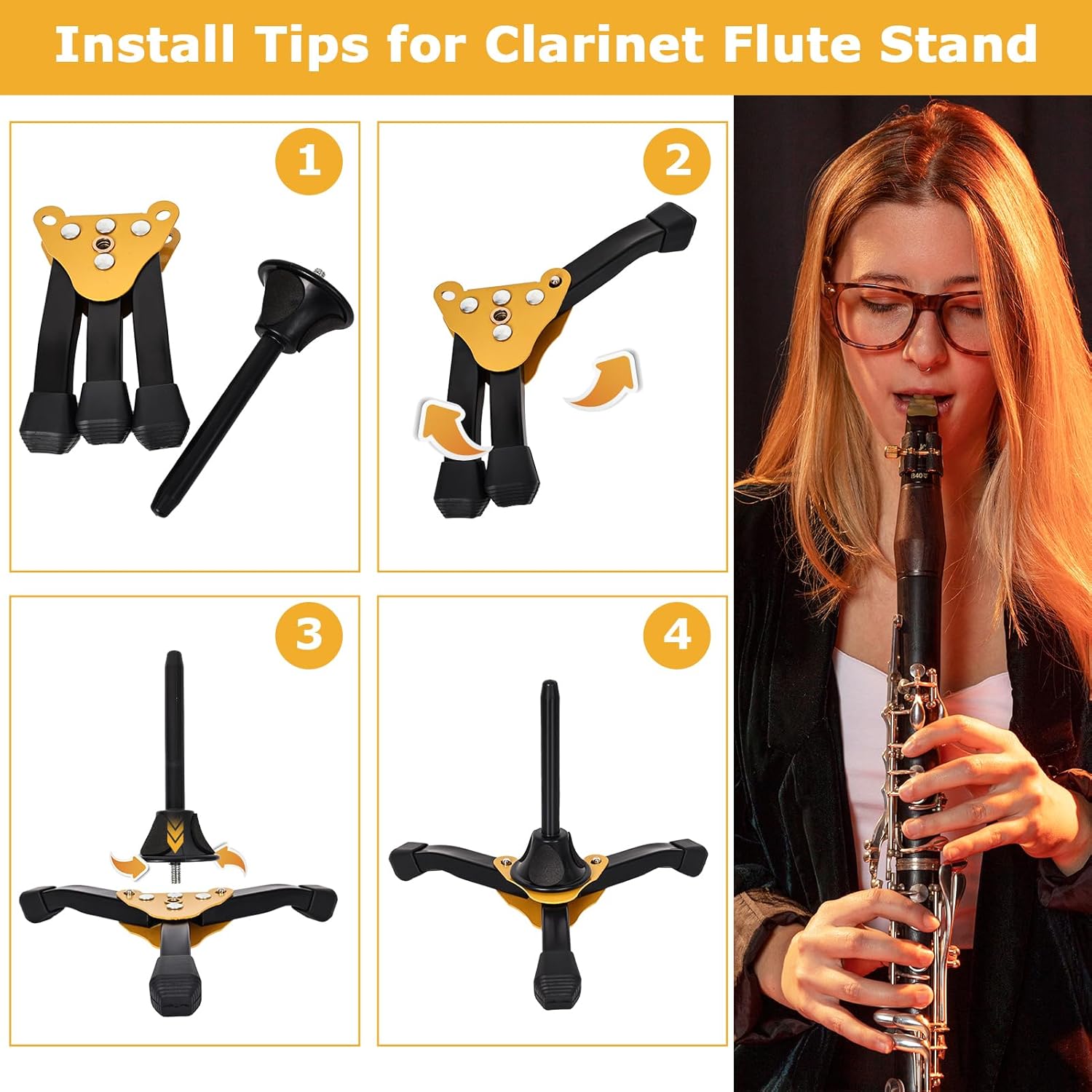 Clarinet Stand, Portable Flute Clarinet Stand with Flannel Bag,Clarinet Cleaning Cloth and Mouthpiece Brush, Foldable Flute Oboe Tripod Holder Stand Set, Combo 4Pack