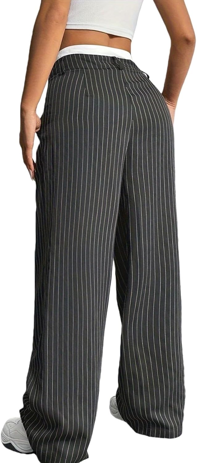 Women's Striped Pants High Waist Wide Straight Leg Trousers Casual Dress Pants Business Work Trousers Summer Pant