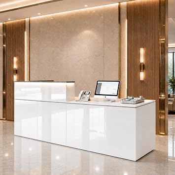 87.2" Glossy White Front Desk Reception Counter with LED Light