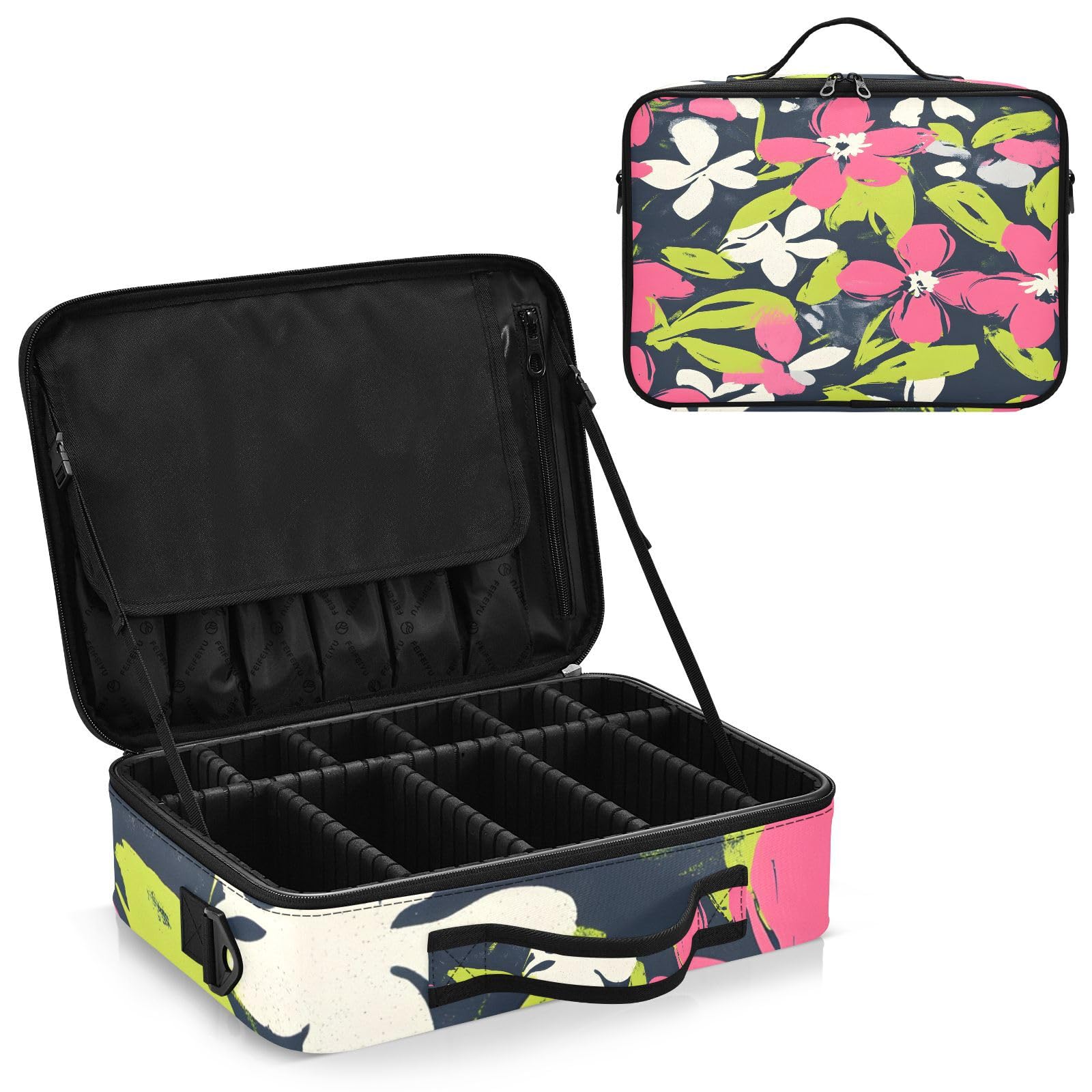 zyrtty Travel Makeup Train Case Red White Green Flower Pattern Cosmetic Organizer Portable Storage Bag with Adjustable Dividers for Cosmetics Brushes Toiletry Jewelry Digital Accessories