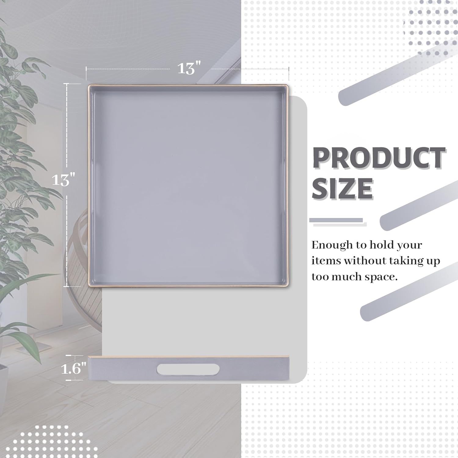 MAONAME Decorative Tray, Gray Serving Tray with Handles, Coffee Table Trays, Square Plastic Trays for Ottoman, Bathroom, Kitchen, 13"x13"x1.57" - Image 3