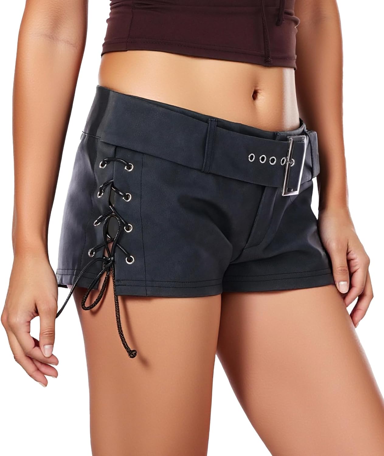 FEOYA Women Faux Leather Micro Mini Shorts with Belt Y2K Low Rise Hot Pants Side Lace Up Biker Short Rave Outfits