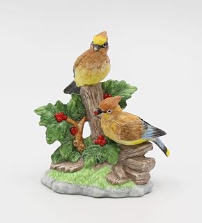 Cosmos Gifts Fine Porcelain Double Cedar Waxwing Birds with Holly & Berries Figurine, 4-1/8" H