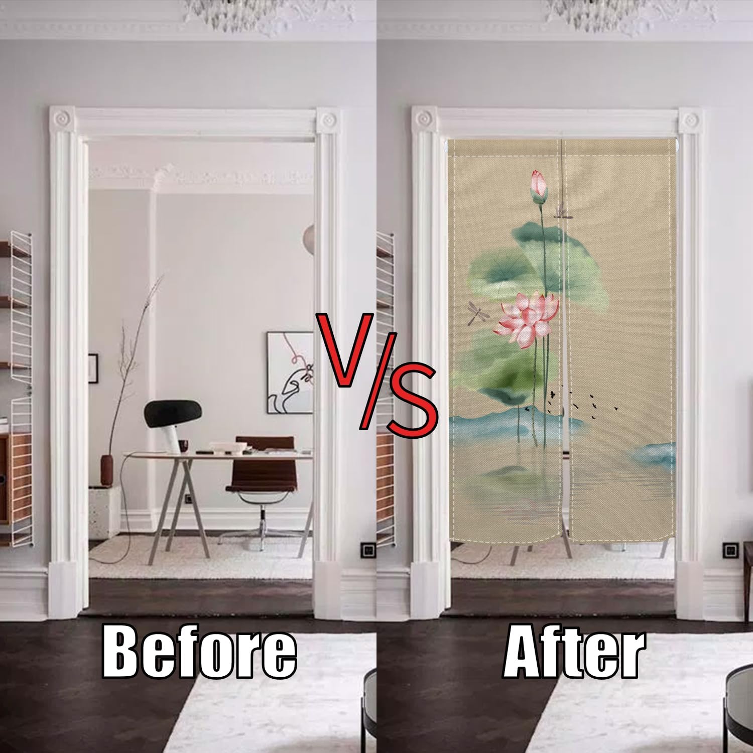 Noren Japanese Doorway Curtain Chinese Ink Painting Window Treatment Door Tapestry Panel for Room Privacy Divider Home Kitchen Decorations 34" Width x 60" Long (Lotus Dragonfly Mountain)