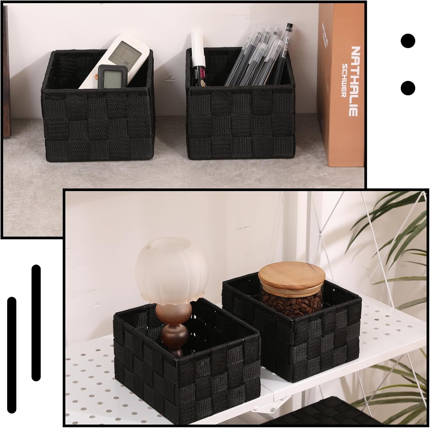 Storage Bins Woven Organizer Set of 6 – Polypropylene Storage Baskets with Metal Frame, Stackable Fabric Boxes for Drawers, Closet, Shelf, Nursery and Office, Black