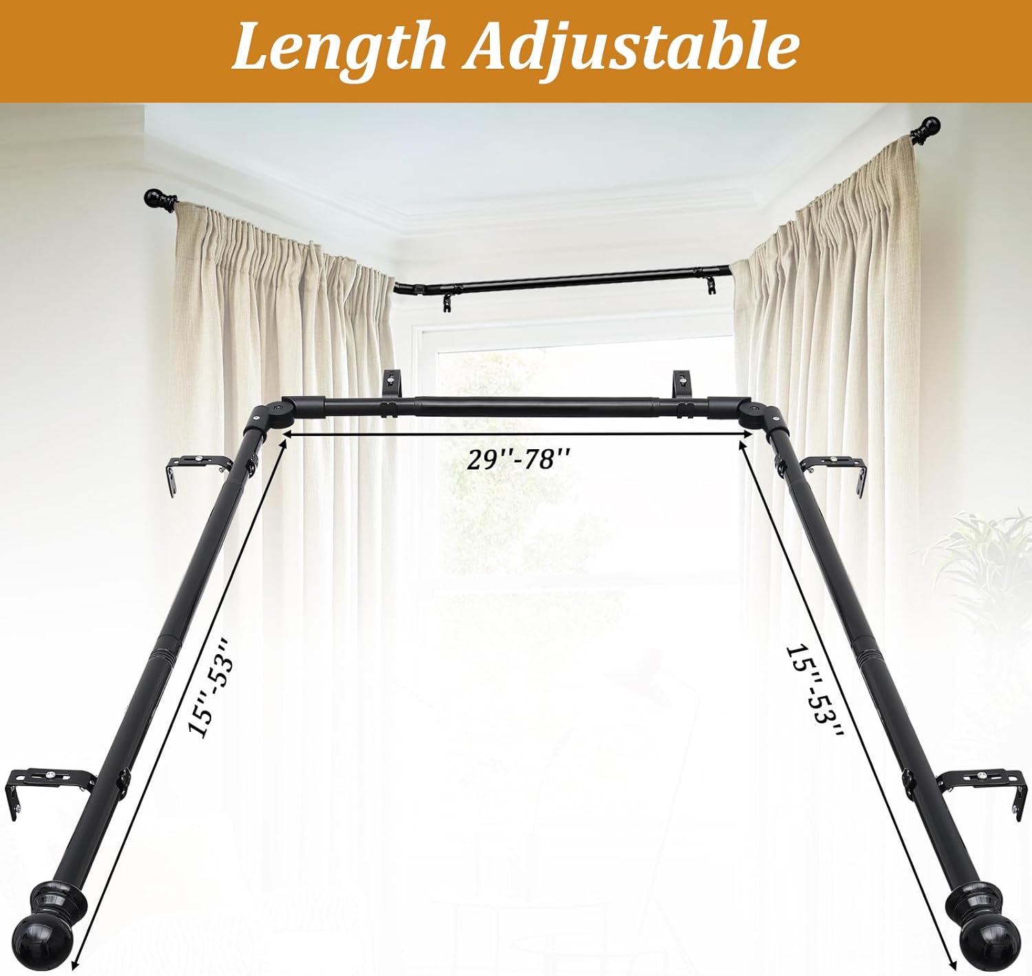 Bay Window Curtain Rods, 2PCS 1 Inch U shaped Adjustable curtain rods for bay windows 59 to 184 Inches, Heavy Duty Curtain Rods with Brackets for Bedroom, Living Room Curtains Black